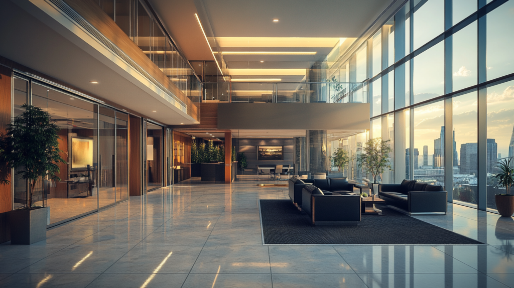 Modern office lobby with city view and sleek furnishings, featuring large glass windows and natural light.