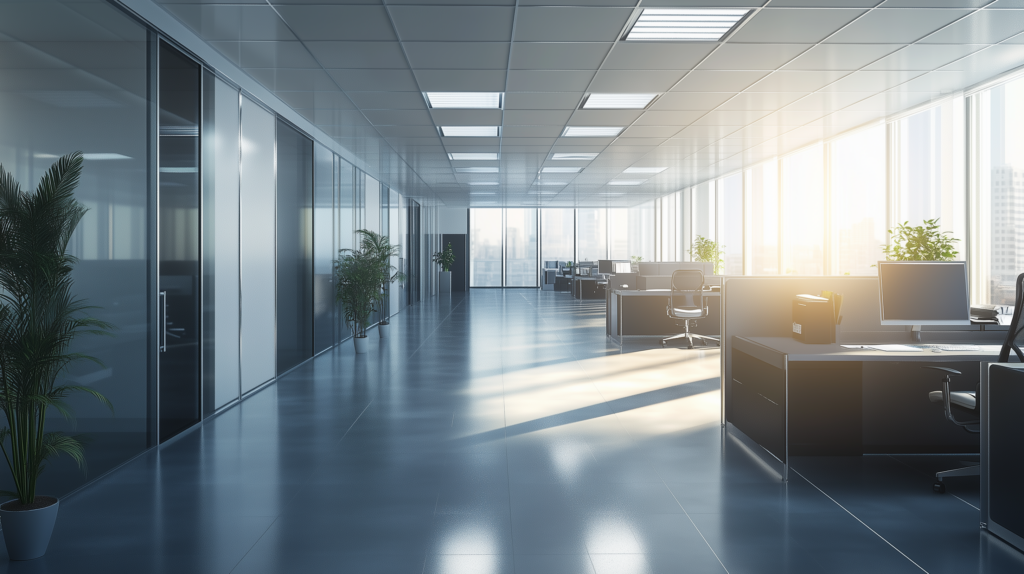 Modern office interior with sunlight, desks, and plants, showcasing a bright and productive workspace atmosphere.