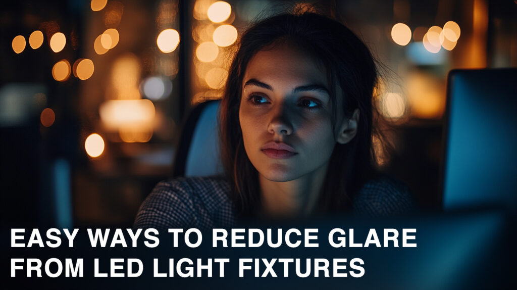 Woman looking at computer screen with blurred lights in background, text: Easy Ways to Reduce Glare from LED Light Fixtures.