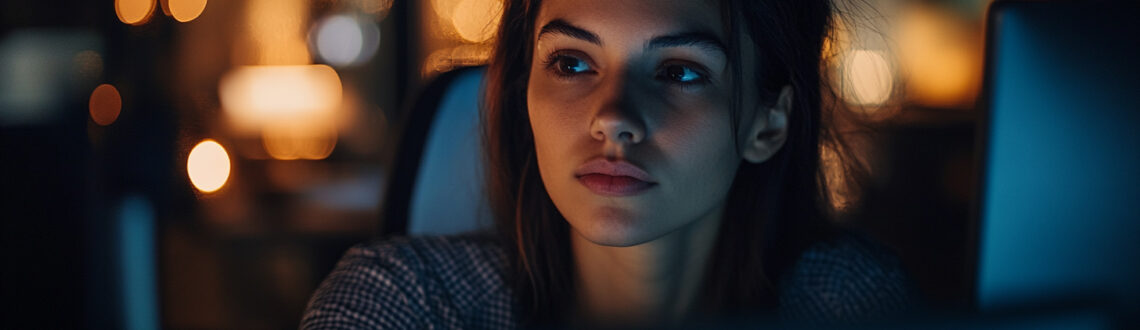 Woman looking at computer screen with blurred lights in background, text: Easy Ways to Reduce Glare from LED Light Fixtures.