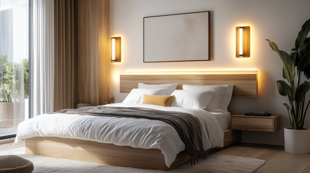 Modern bedroom with wood accents, cozy bedding, ambient lighting, and large window with greenery outside.