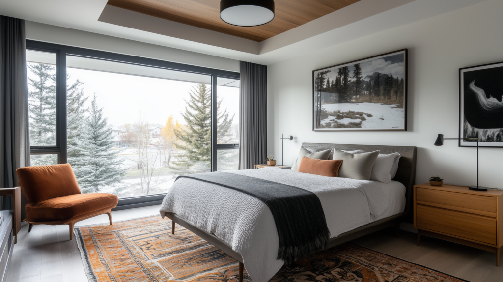 Modern bedroom with large window, cozy bedding, orange chair, and forest artwork. Earthy tones and natural light.