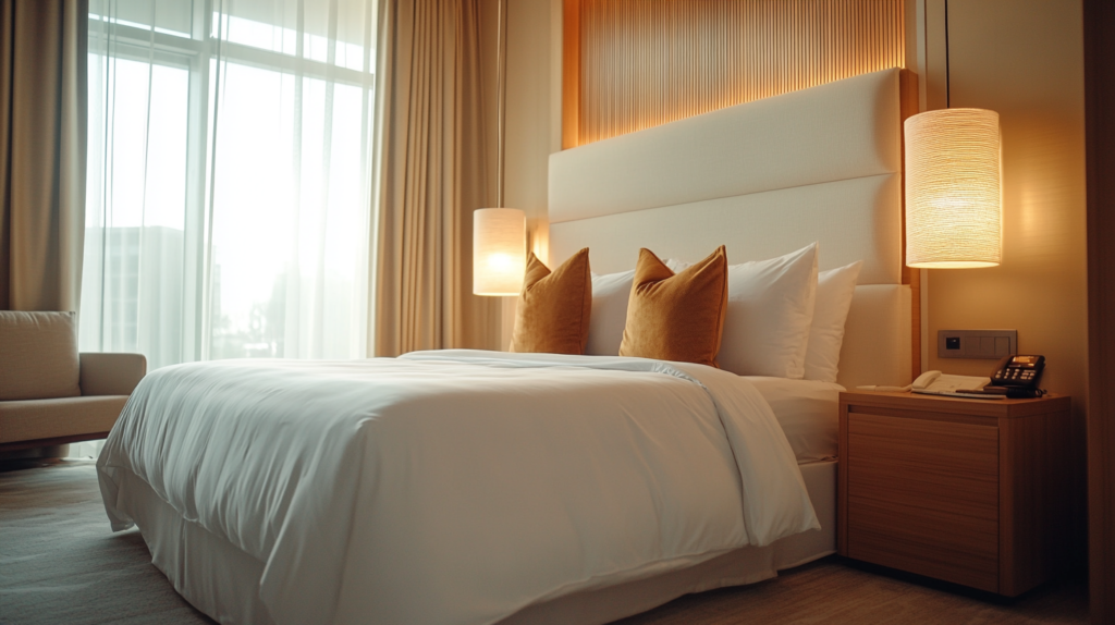 Elegant hotel room with a king-size bed, soft lighting, and modern decor for a relaxing stay.