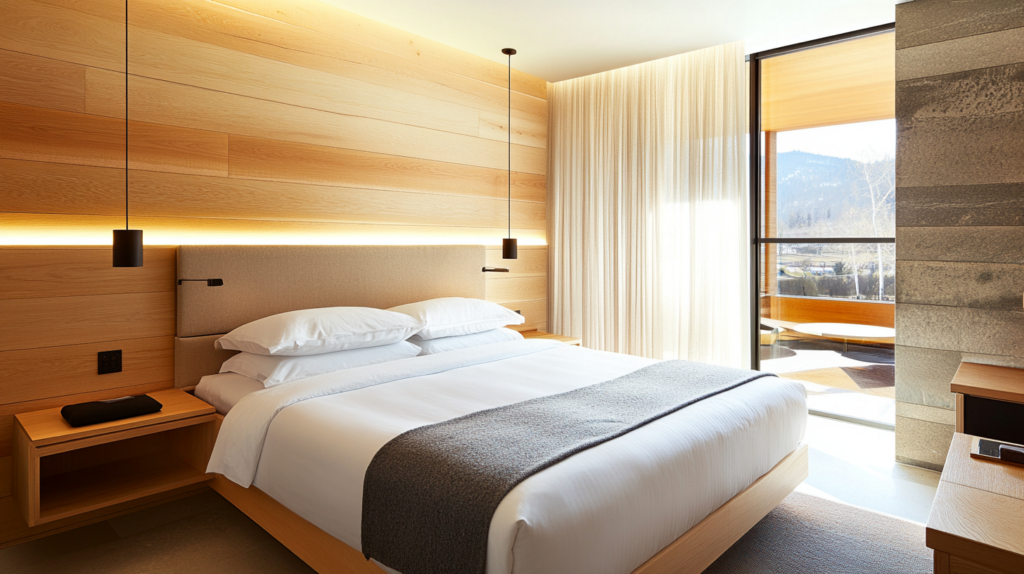 Modern hotel room with cozy bed, wooden accents, large window, and mountain view for a relaxing stay.