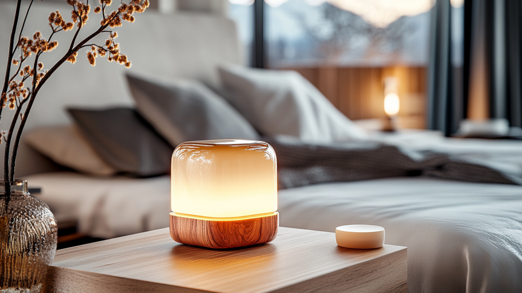 Modern bedroom decor with a glowing glass lamp on a wooden nightstand, cozy and elegant interior design.