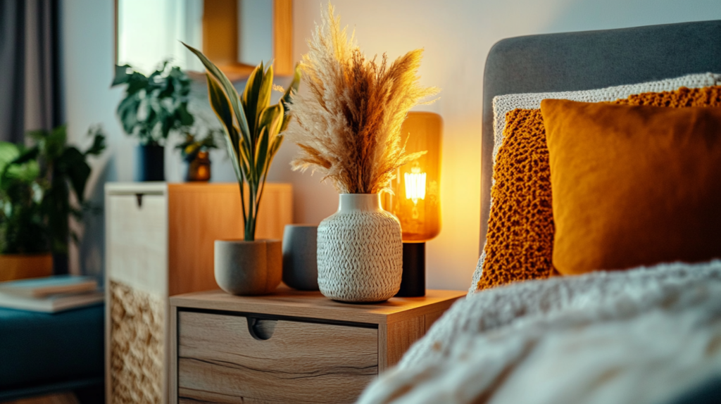 Cozy bedroom decor with soft pillows, warm lamp, and potted plants on a wooden nightstand. Comfortable, stylish space.