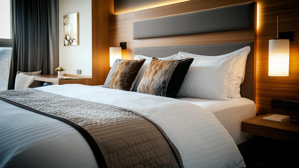 Modern hotel room with cozy bed, stylish pillows, and elegant lighting for a comfortable and relaxing stay.