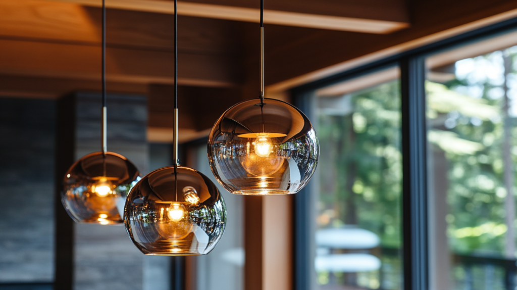 Modern glass globe pendant lights in cozy interior with natural light from large windows.