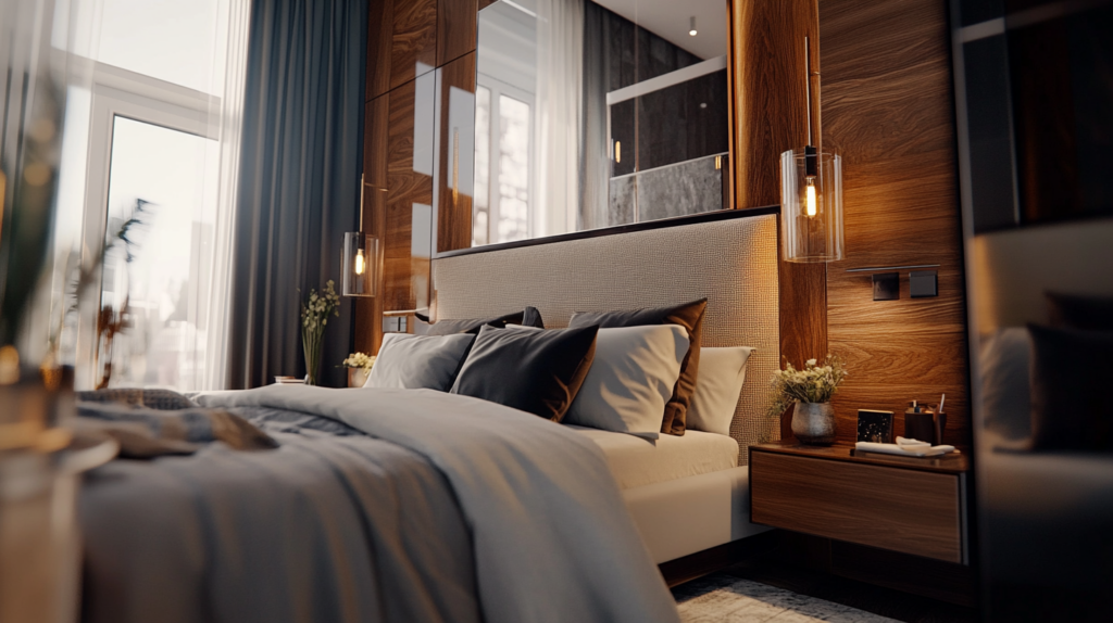 Luxurious modern bedroom with plush bedding, wooden accents, large windows, and soft ambient lighting.