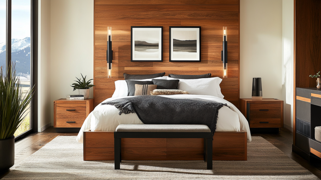 Modern bedroom with wooden accents, cozy bedding, and large windows overlooking mountain scenery.