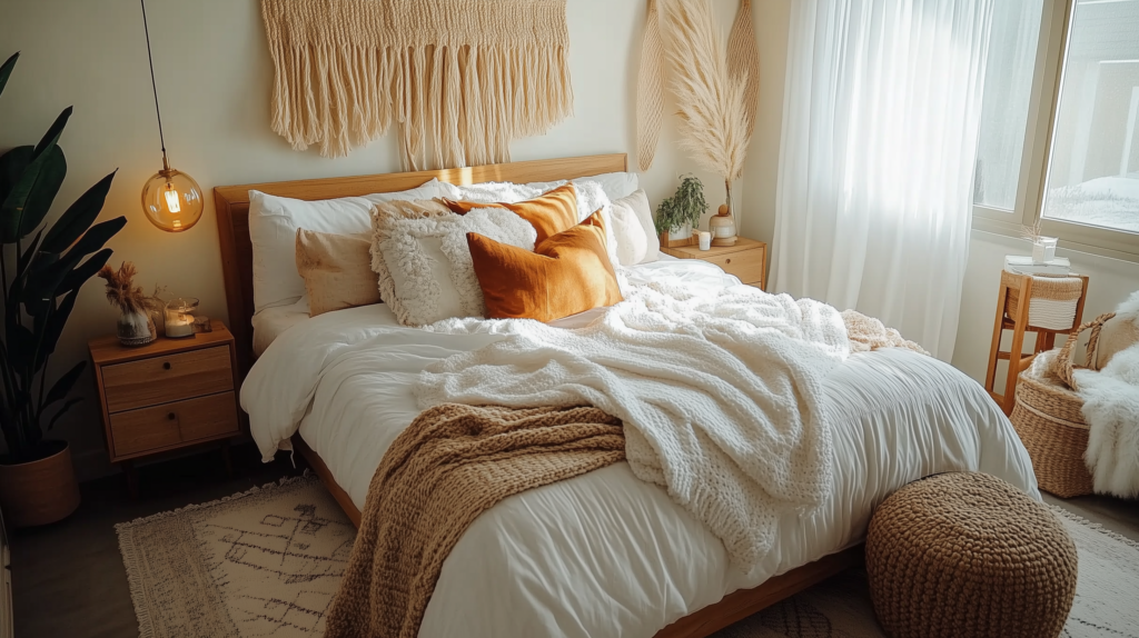 Cozy boho bedroom with layered bedding, warm lighting, and natural decor creating a serene, inviting atmosphere.