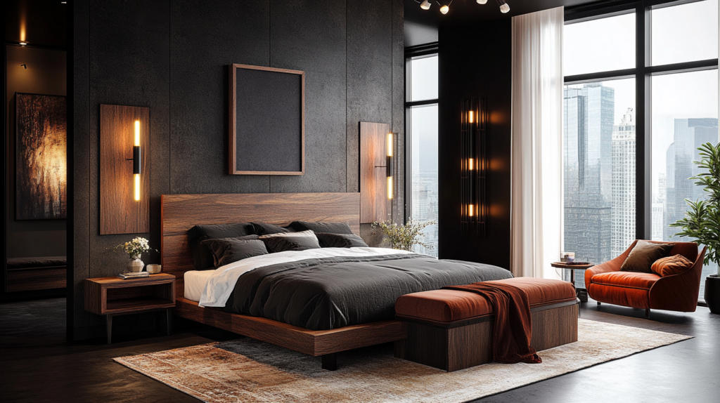 Modern bedroom with dark walls, wooden bed, and city view. Cozy orange chair and elegant lighting complete the look.