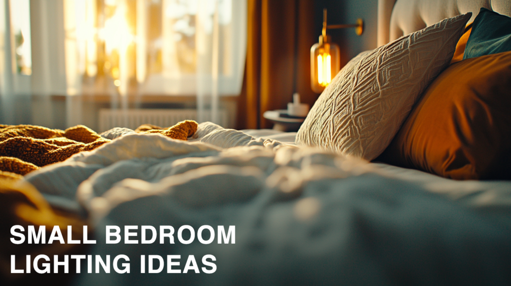 Cozy small bedroom with warm lighting, pillows, and modern decor. Perfect for small bedroom lighting ideas.