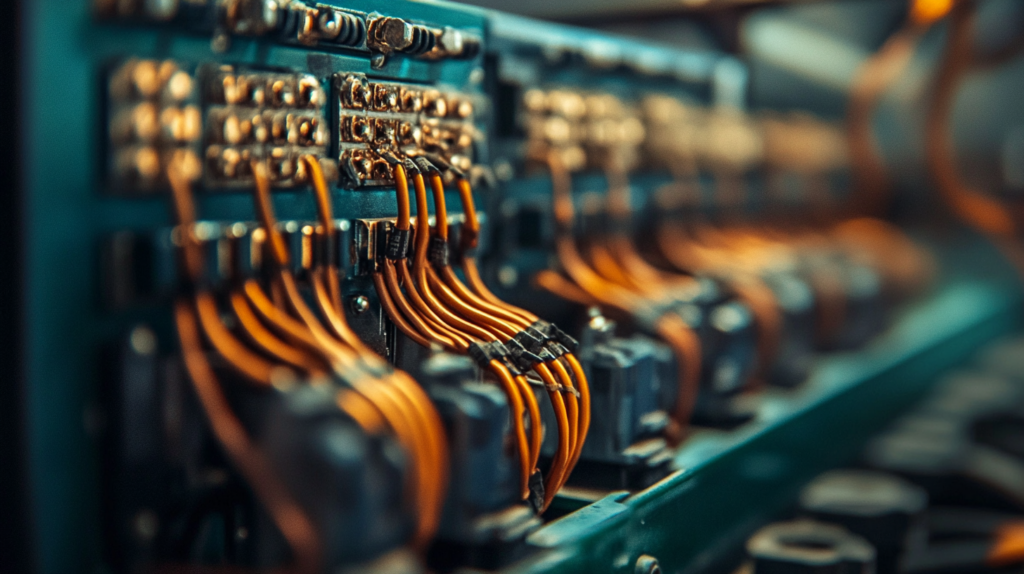 Close-up of orange cables connected to a green circuit board, showcasing detailed electronic components.