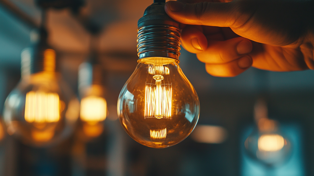 Hand holding glowing vintage light bulb, warm ambiance.
