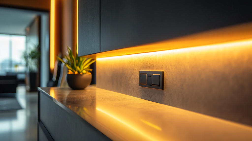 Modern interior with warm LED under-cabinet lighting, sleek countertop, and potted plant for stylish home design.