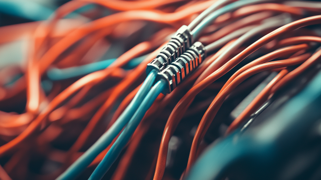 Close-up of intertwined red and blue network cables, showcasing data connectivity and technology infrastructure.