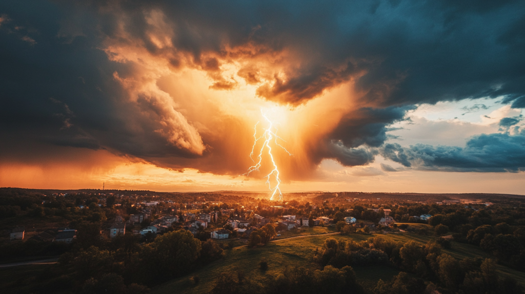 Dramatic lightning bolt strikes a village during sunset with stormy clouds looming above.