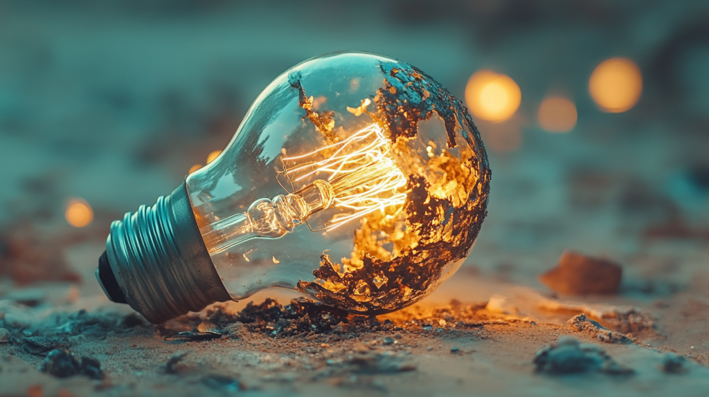 Close-up of a glowing light bulb on sandy ground, symbolizing ideas and creativity in nature.