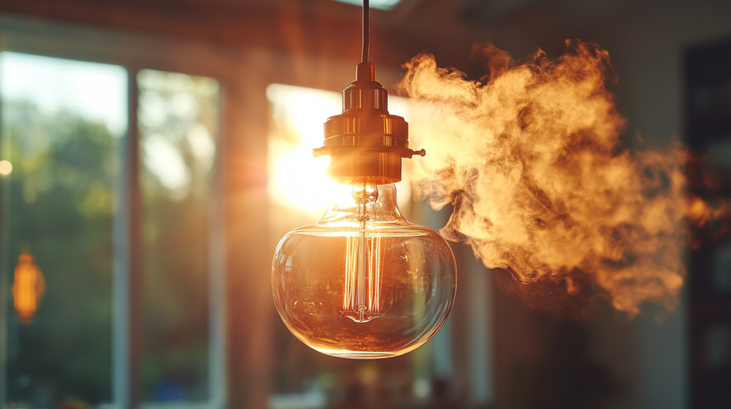 Vintage light bulb glowing with warm sunlight in a cozy room, creating an ambient atmosphere.