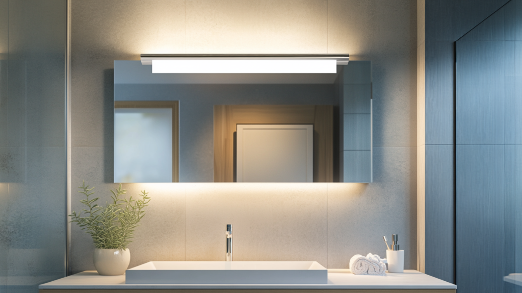 Modern bathroom vanity with illuminated mirror, potted plant, and rolled towel in a sleek, minimalist design.