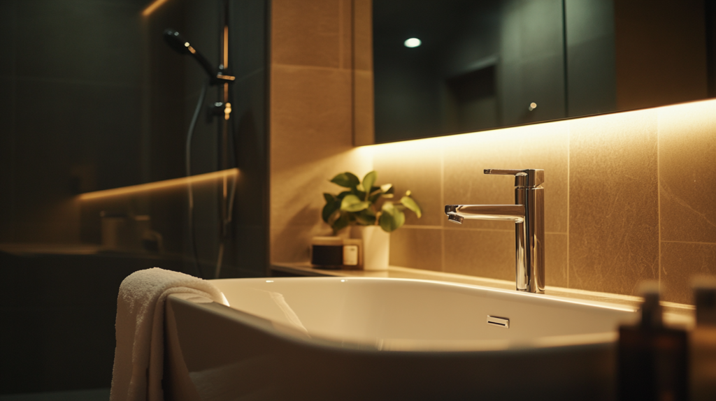 Modern bathroom with a sleek sink, stainless steel faucet, and ambient lighting, complemented by a potted plant.