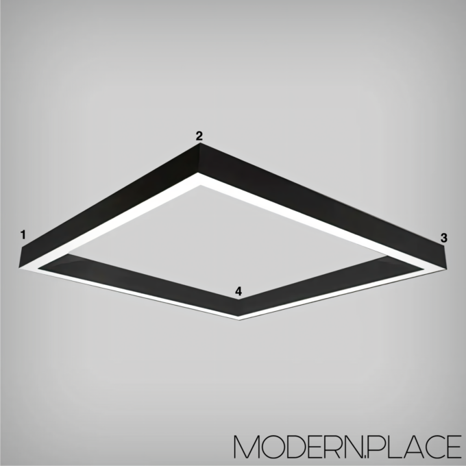 L-Shape-Square_1500px Modern square LED ceiling light fixture with sleek black frame, designed for contemporary interiors.