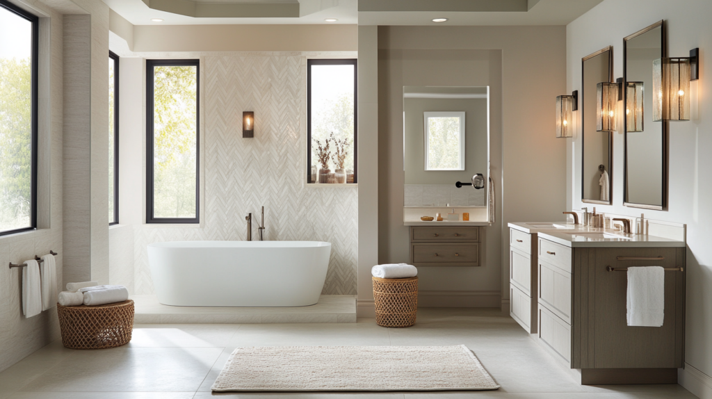 Modern bathroom with freestanding tub, dual sinks, large mirrors, and natural light from windows.