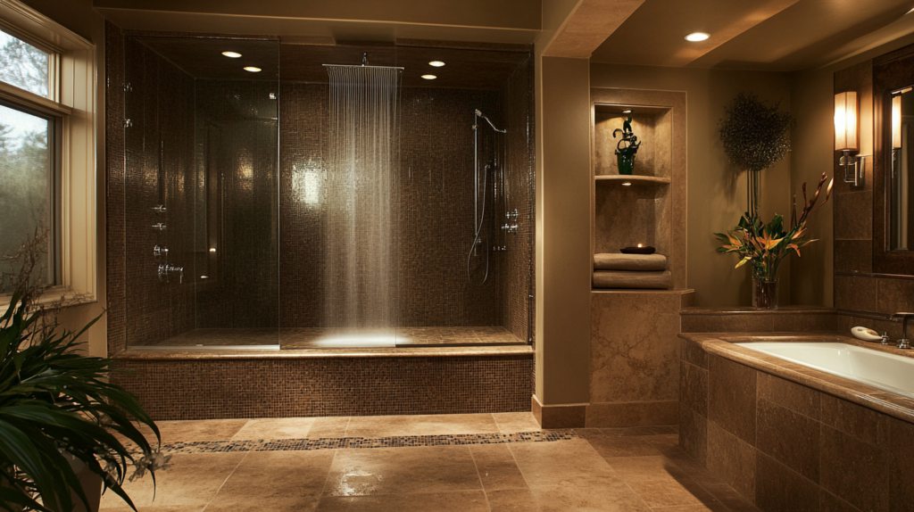 Luxurious bathroom with a large glass shower, elegant tub, and sophisticated decor.