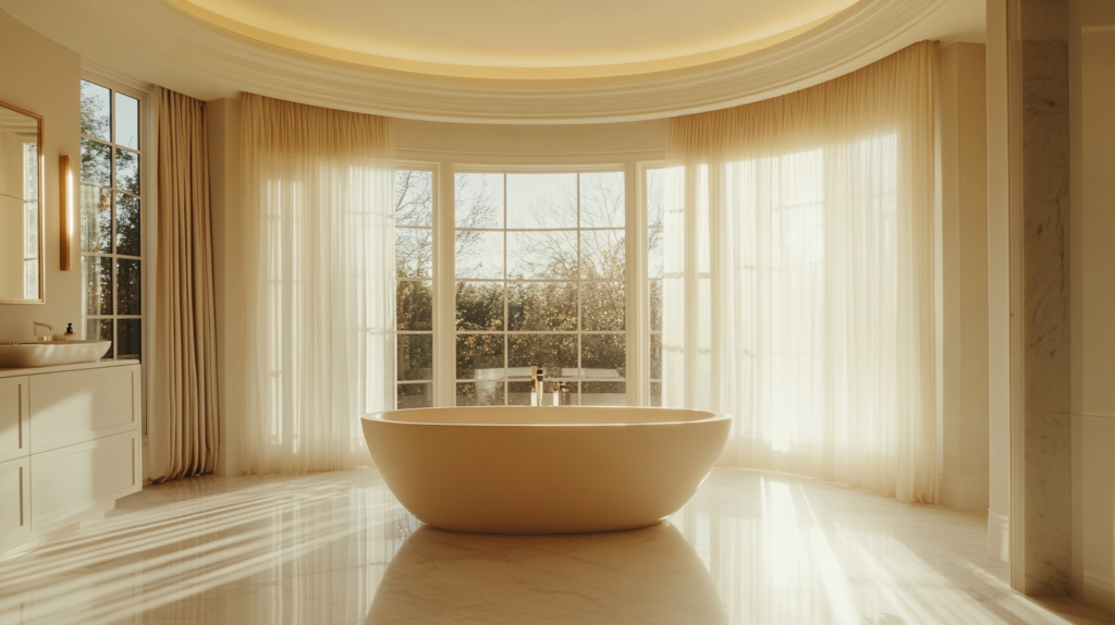 Luxurious bathroom with a large freestanding bathtub, natural light, and elegant marble flooring.