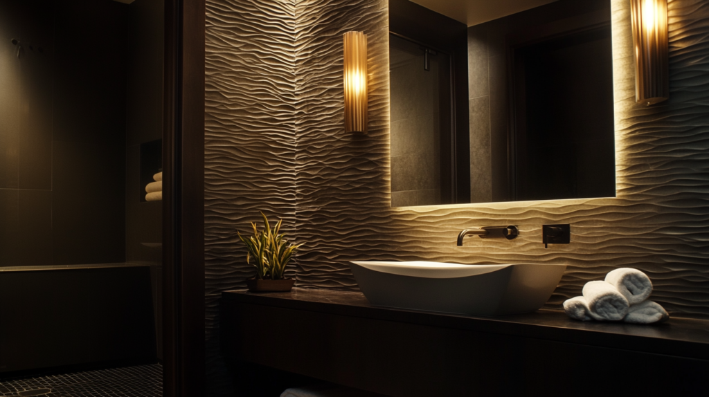 Modern bathroom with textured walls, elegant sink, rolled towels, and warm lighting for a luxurious ambiance.