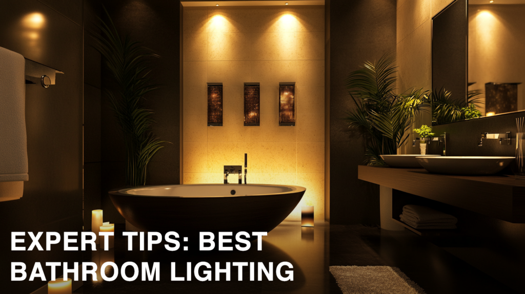 Modern bathroom with elegant lighting, oval bathtub, and green plants. Text: Expert Tips: Best Bathroom Lighting.