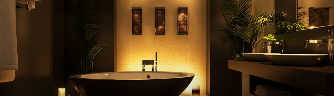 Modern bathroom with elegant lighting, oval bathtub, and green plants. Text: Expert Tips: Best Bathroom Lighting.