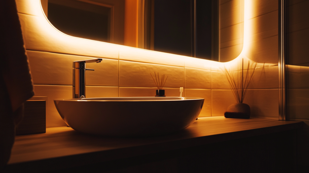 Modern bathroom sink with ambient lighting and decorative accessories.