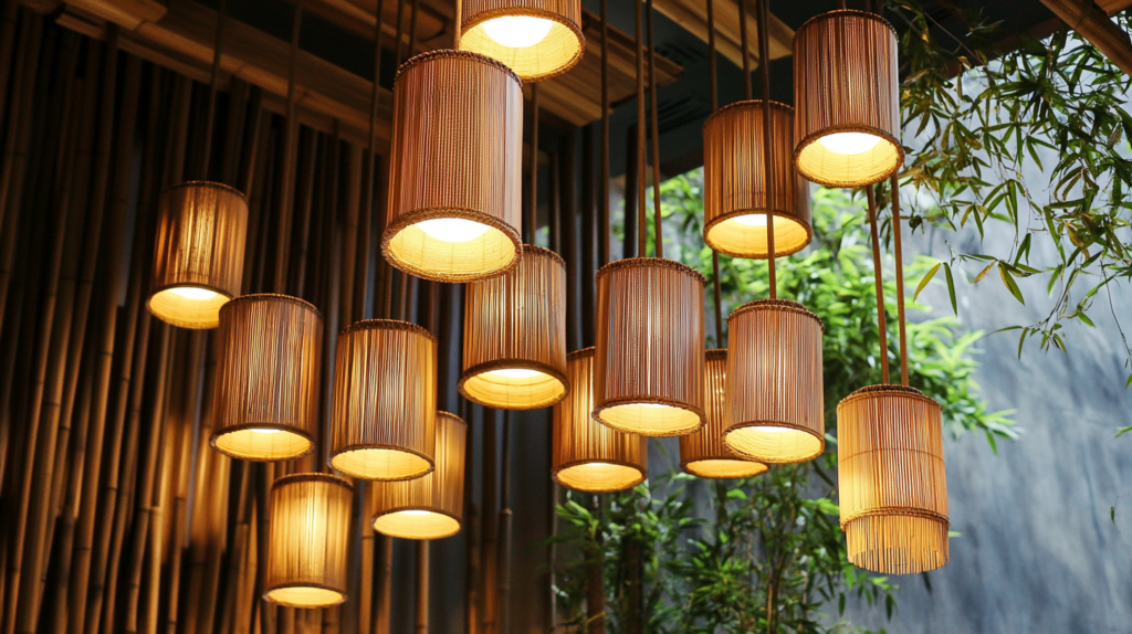 Warm bamboo pendant lights hanging in an indoor garden setting, creating a cozy and natural ambiance.