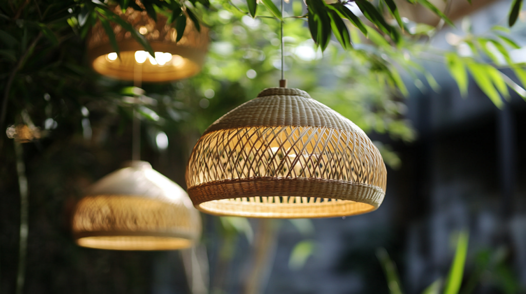 Woven bamboo pendant lights hanging outdoors, softly illuminated, surrounded by green foliage.