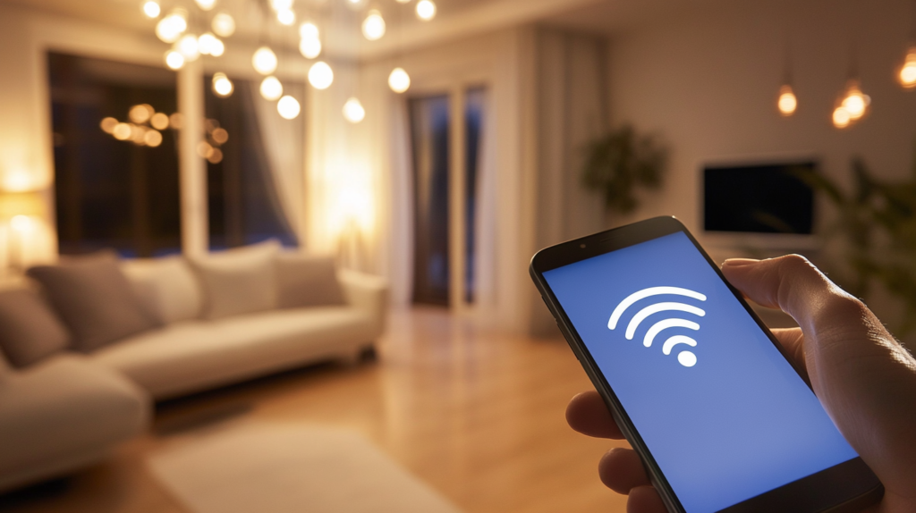 Smartphone controlling smart home lighting with Wi-Fi in cozy living room setting.