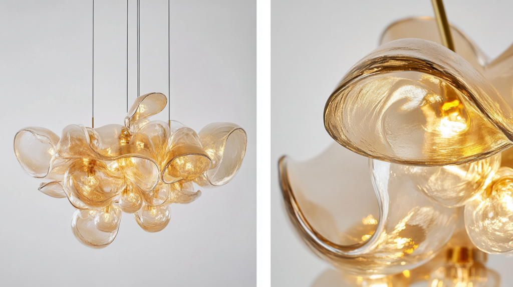 Modern glass pendant light with elegant gold swirl design, illuminating with a warm glow. Ideal for contemporary spaces.