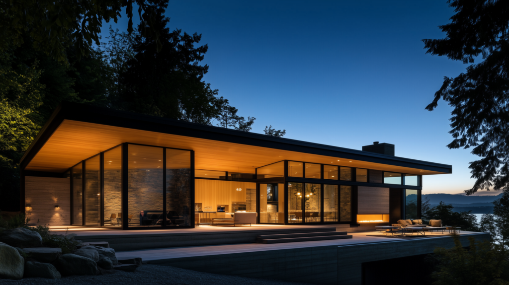 Modern lakeside house with large glass windows and warm lighting at dusk, surrounded by trees.