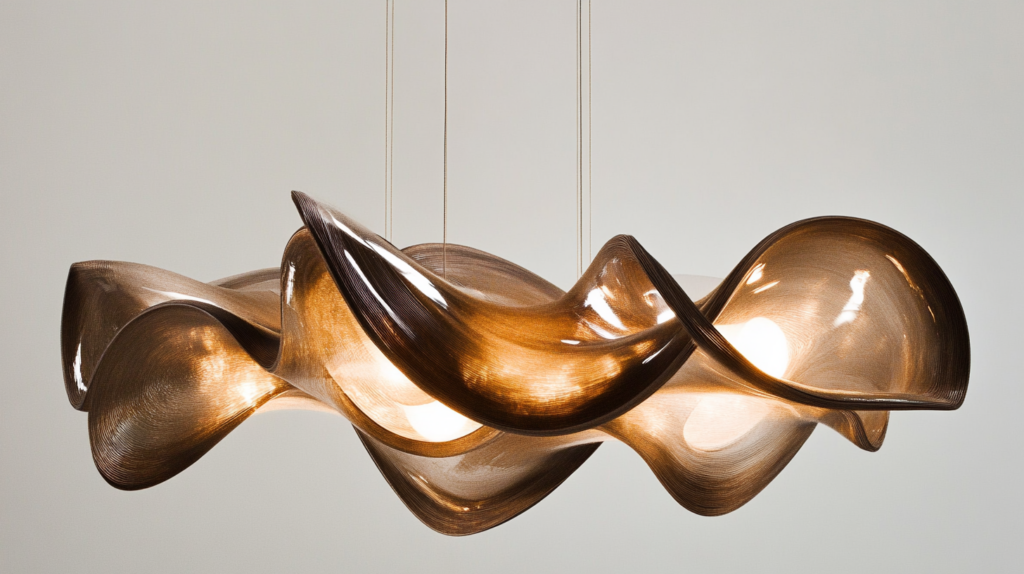 Sculptural glass pendant light with a flowing organic design, illuminating a modern interior space with elegance.