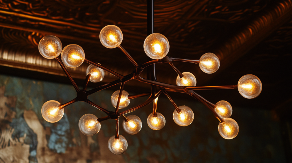 Modern chandelier with spherical bulbs in a decorative interior setting.
