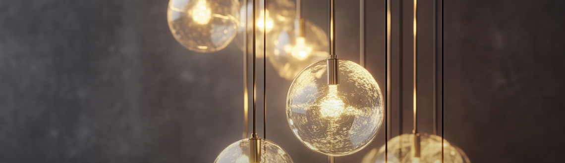 Modern hanging glass lights showcasing 2025 lighting trends with text on latest styles and design trends.