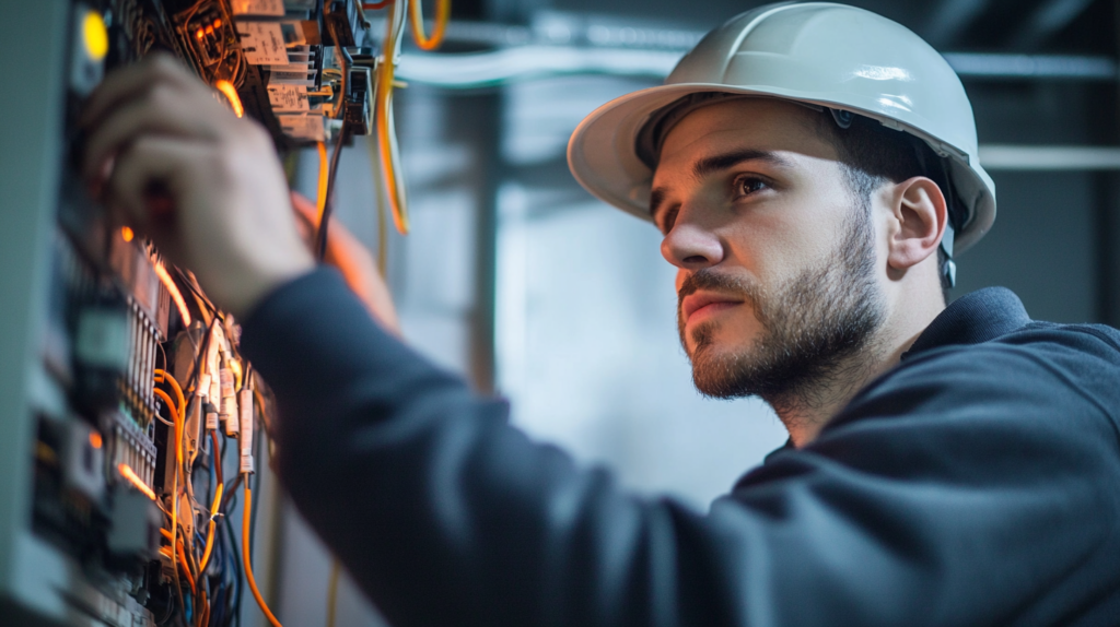 Electrician wearing a hard hat inspects wiring in a control panel, ensuring optimal safety and functionality.