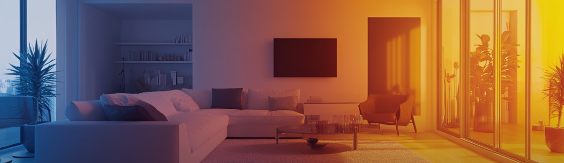Living room with color temperature visualizer effect splitting blue and orange lighting.