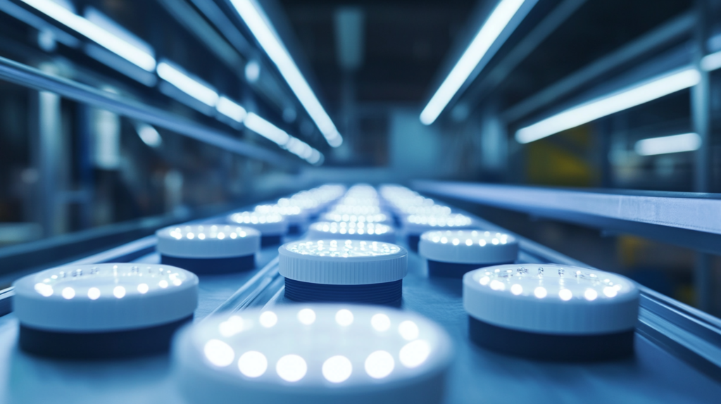 Close-up of LED lights on a conveyor belt in a factory; modern lighting technology and manufacturing.