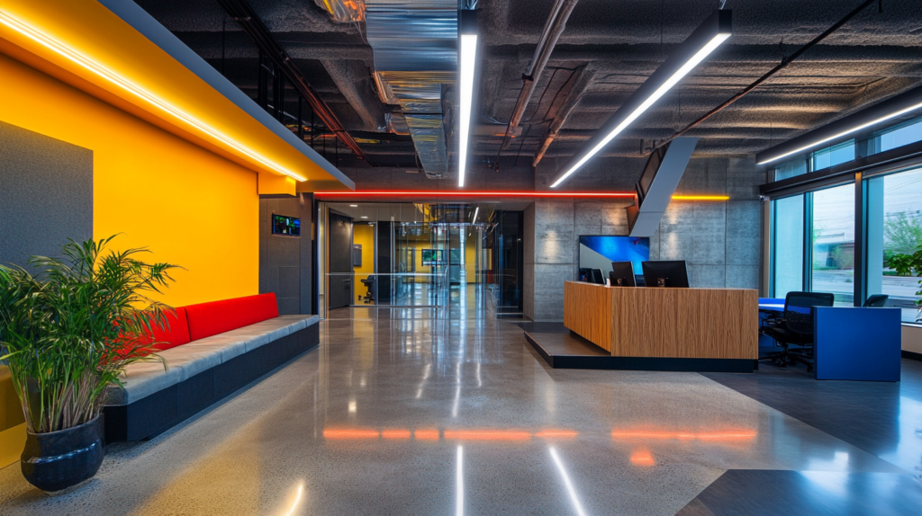 Modern office lobby with bright colors, sleek seating, and a polished floor.