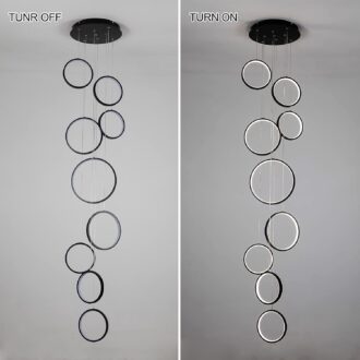 Modern pendant light fixture, off and on view, showcasing circular LED rings hanging from ceiling.