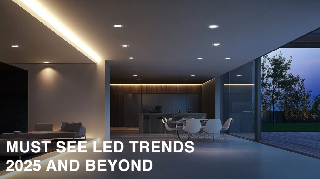 Modern living room with LED lighting, highlighting trends for 2025 and beyond. Sleek design and ambient glow.