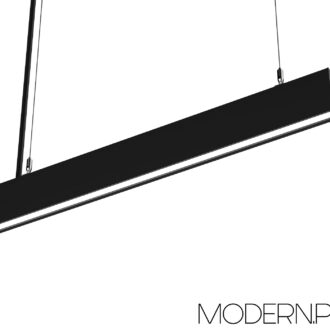 Modern black pendant light fixture against a white background.