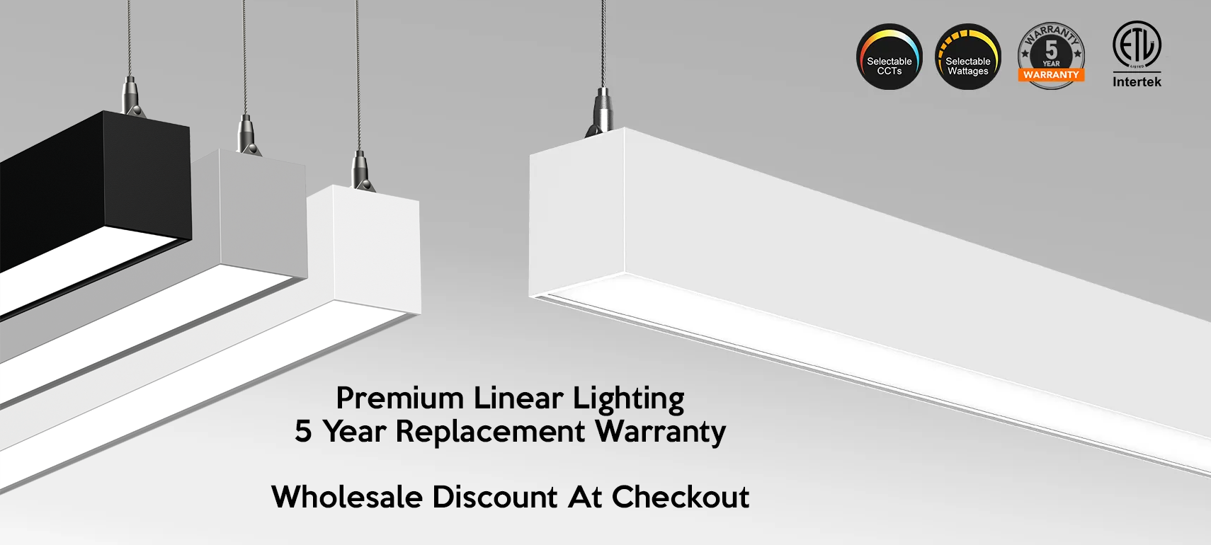 Modern linear pendant lights with a 5-year warranty and wholesale discount at checkout.